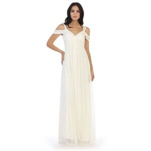 NWT Eva USA 3321 Cream Off White Long Off Shoulder Dress Sash V Neck Medium